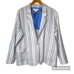 Norm Thompson Linen Blend Women's Blue Beige Striped Blazer Jacket Size L